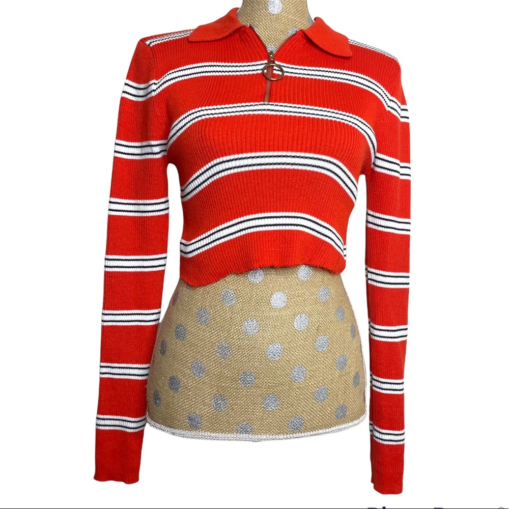 Trendy Is Long Sleeve Striped Stretch Large Distressed Hem Crop Zip Polo  Top